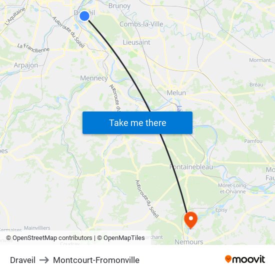 Draveil to Montcourt-Fromonville map