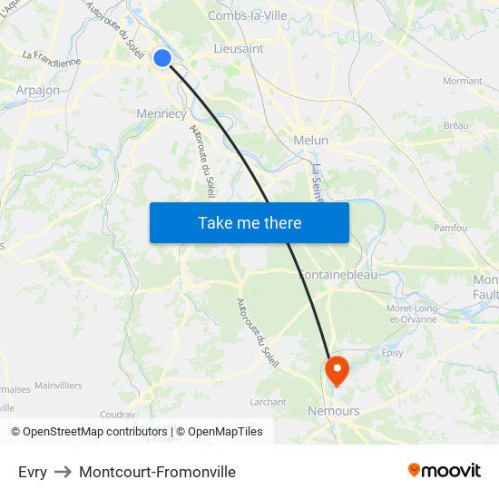 Evry to Montcourt-Fromonville map