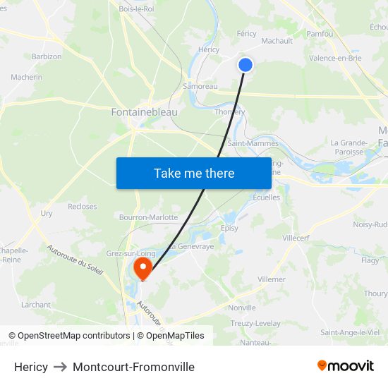 Hericy to Montcourt-Fromonville map
