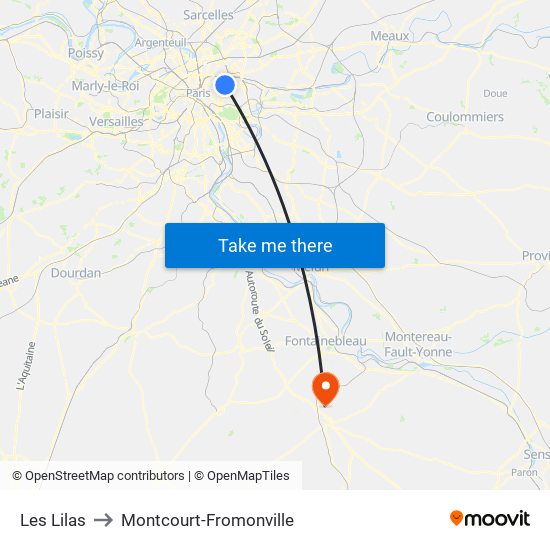 Les Lilas to Montcourt-Fromonville map