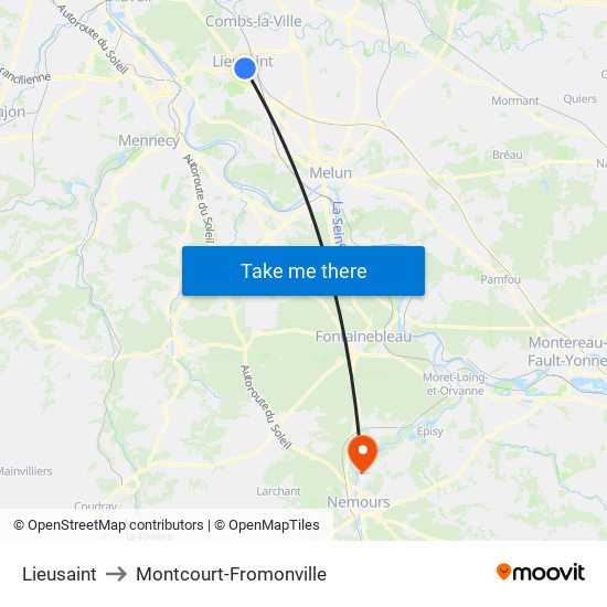Lieusaint to Montcourt-Fromonville map