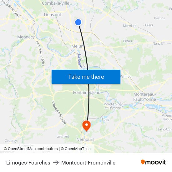Limoges-Fourches to Montcourt-Fromonville map