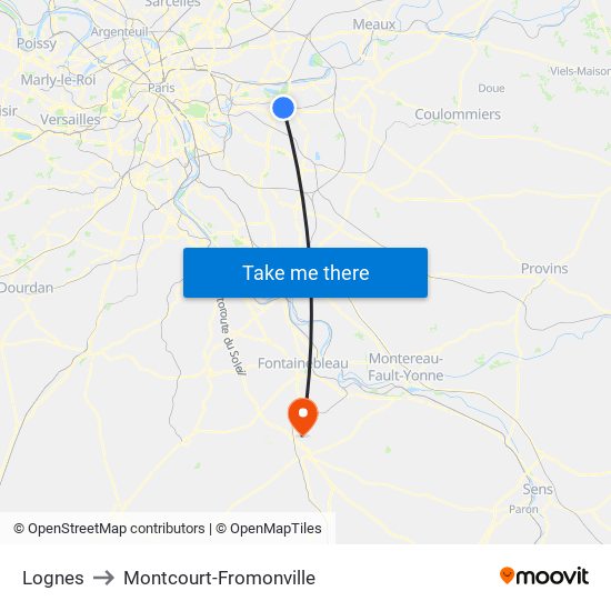 Lognes to Montcourt-Fromonville map