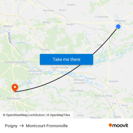 Poigny to Montcourt-Fromonville map