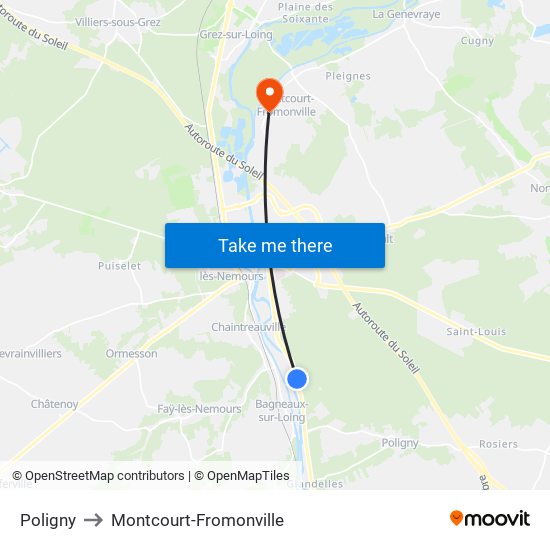 Poligny to Montcourt-Fromonville map