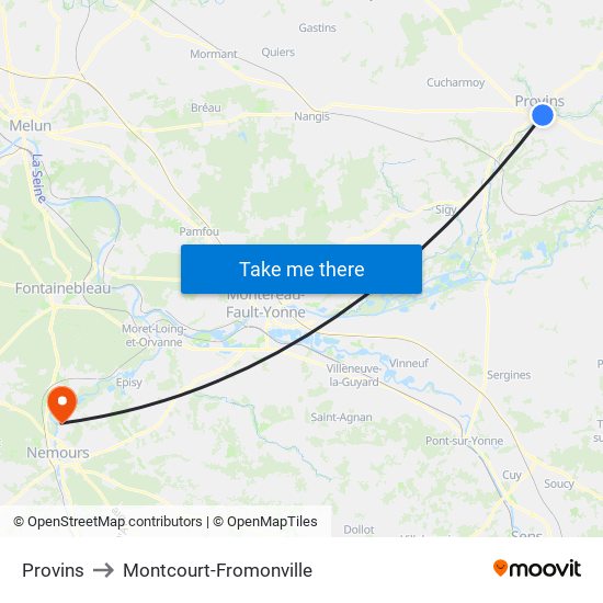 Provins to Montcourt-Fromonville map
