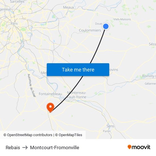 Rebais to Montcourt-Fromonville map