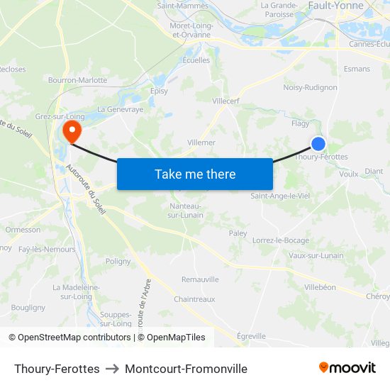 Thoury-Ferottes to Montcourt-Fromonville map