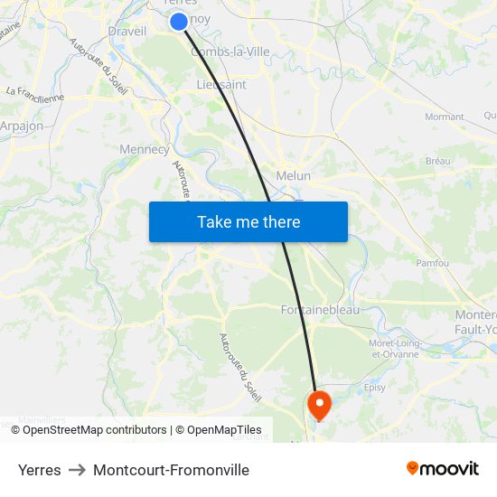 Yerres to Montcourt-Fromonville map