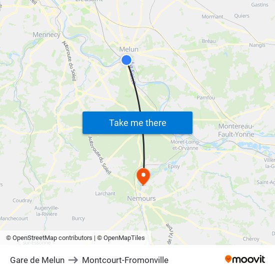 Gare de Melun to Montcourt-Fromonville map