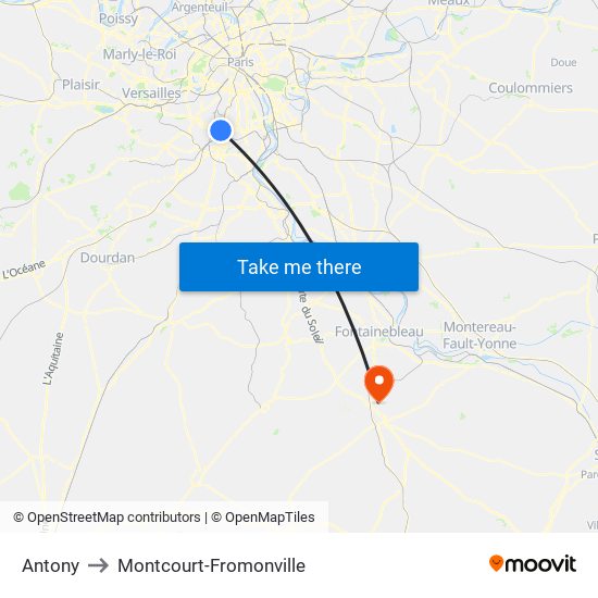 Antony to Montcourt-Fromonville map