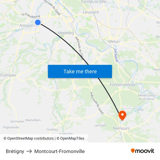 Brétigny to Montcourt-Fromonville map
