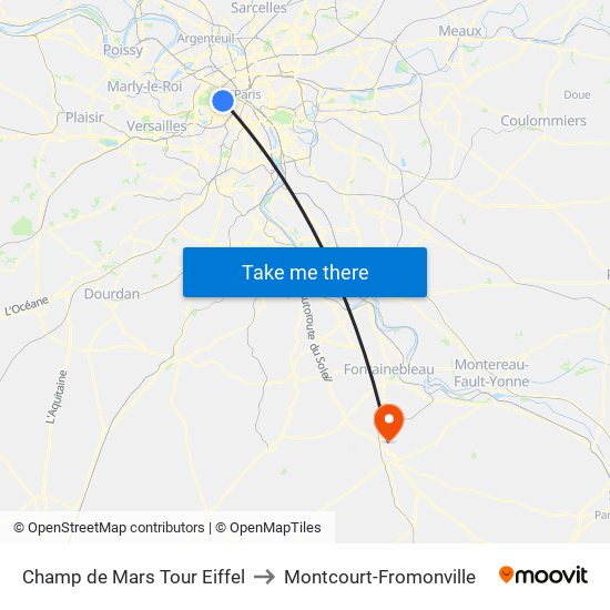 Champ de Mars Tour Eiffel to Montcourt-Fromonville map