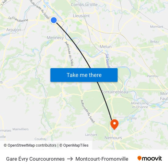 Gare Évry Courcouronnes to Montcourt-Fromonville map