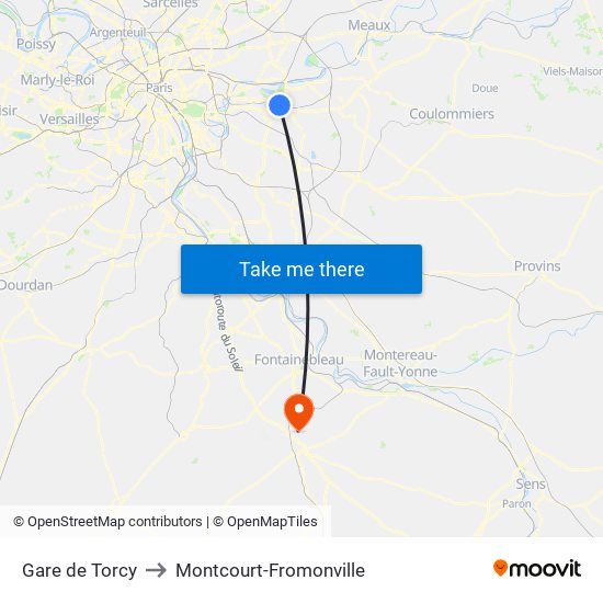 Gare de Torcy to Montcourt-Fromonville map