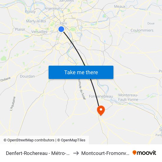 Denfert-Rochereau - Métro-Rer to Montcourt-Fromonville map