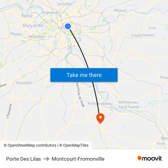 Porte Des Lilas to Montcourt-Fromonville map