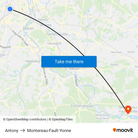 Antony to Montereau-Fault-Yonne map
