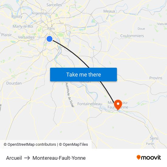 Arcueil to Montereau-Fault-Yonne map
