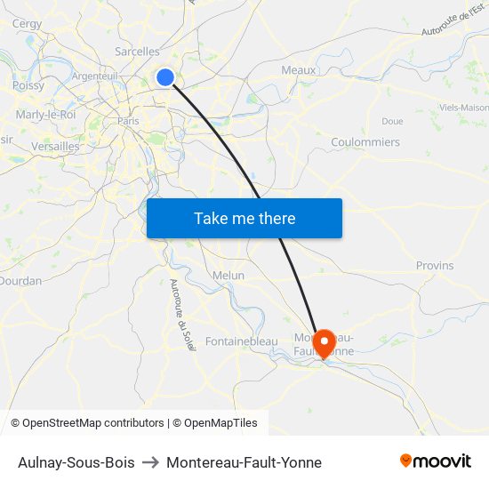 Aulnay-Sous-Bois to Montereau-Fault-Yonne map