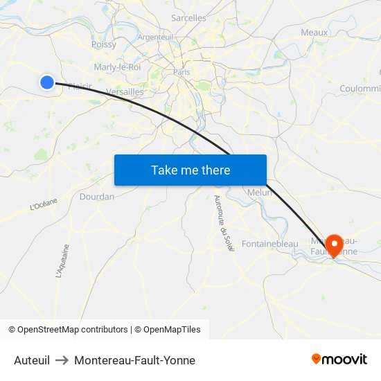 Auteuil to Montereau-Fault-Yonne map