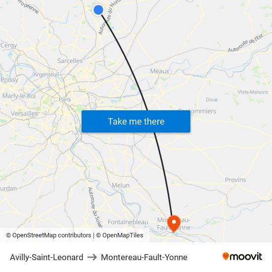 Avilly-Saint-Leonard to Montereau-Fault-Yonne map