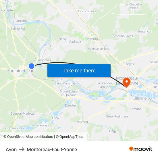 Avon to Montereau-Fault-Yonne map