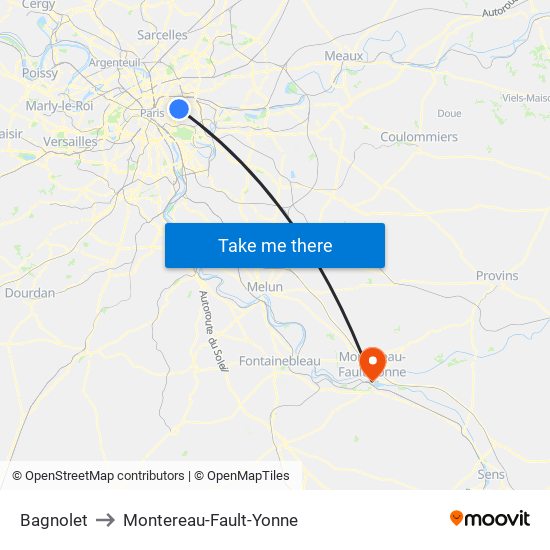 Bagnolet to Montereau-Fault-Yonne map