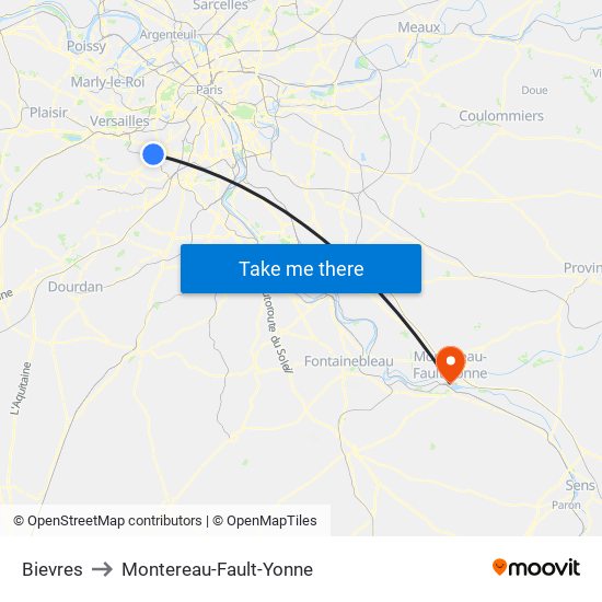 Bievres to Montereau-Fault-Yonne map