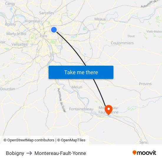 Bobigny to Montereau-Fault-Yonne map