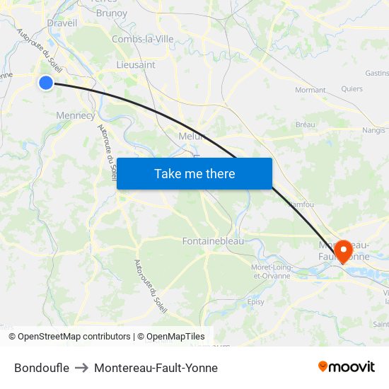 Bondoufle to Montereau-Fault-Yonne map