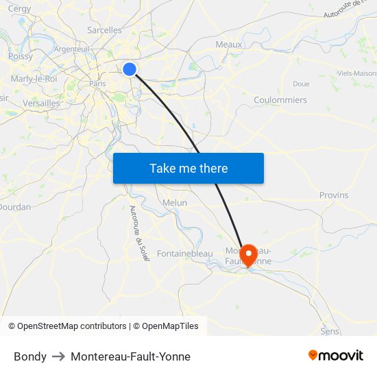 Bondy to Montereau-Fault-Yonne map