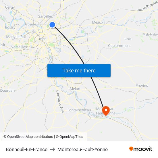 Bonneuil-En-France to Montereau-Fault-Yonne map