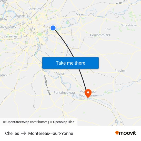 Chelles to Montereau-Fault-Yonne map