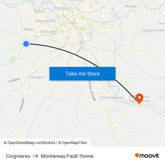 Coignieres to Montereau-Fault-Yonne map