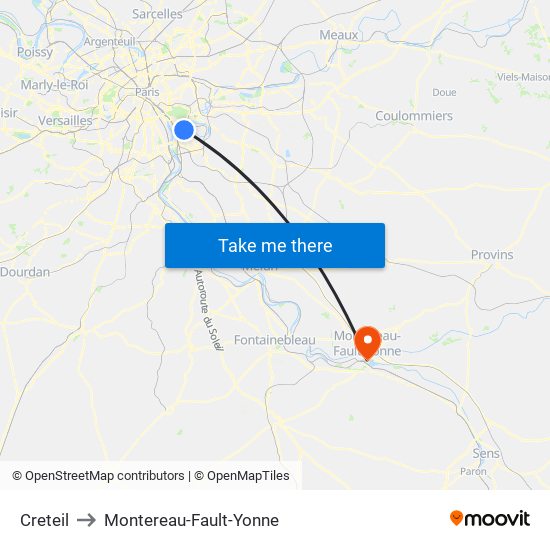 Creteil to Montereau-Fault-Yonne map