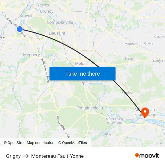 Grigny to Montereau-Fault-Yonne map