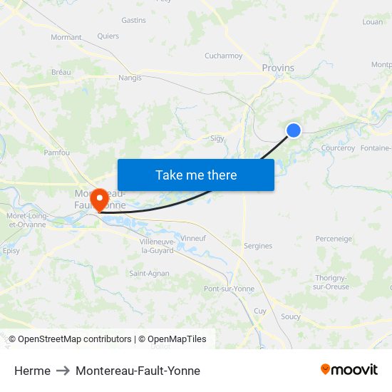 Herme to Montereau-Fault-Yonne map