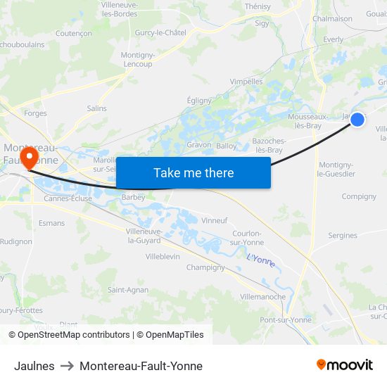 Jaulnes to Montereau-Fault-Yonne map