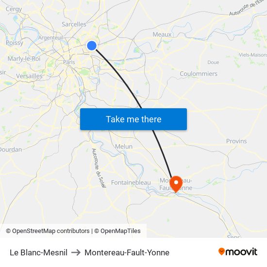 Le Blanc-Mesnil to Montereau-Fault-Yonne map