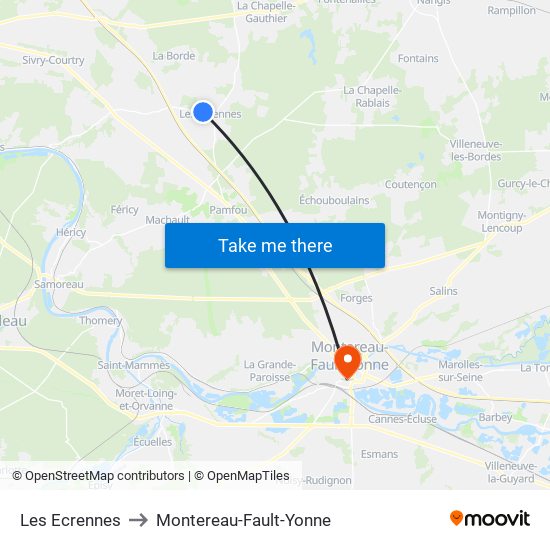 Les Ecrennes to Montereau-Fault-Yonne map