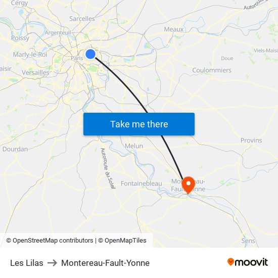 Les Lilas to Montereau-Fault-Yonne map