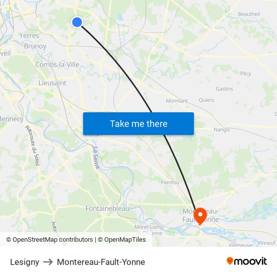 Lesigny to Montereau-Fault-Yonne map