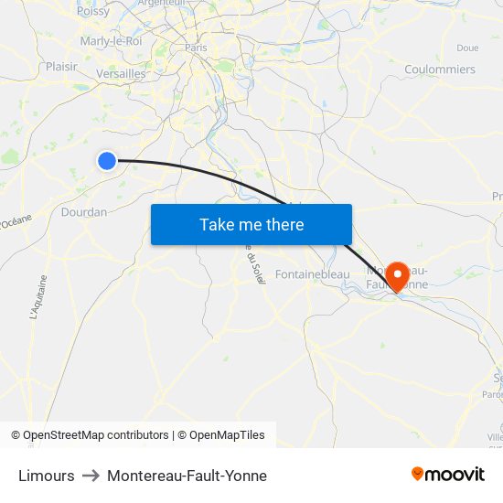 Limours to Montereau-Fault-Yonne map