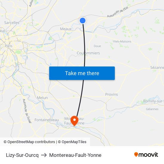 Lizy-Sur-Ourcq to Montereau-Fault-Yonne map