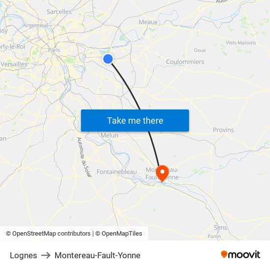 Lognes to Montereau-Fault-Yonne map