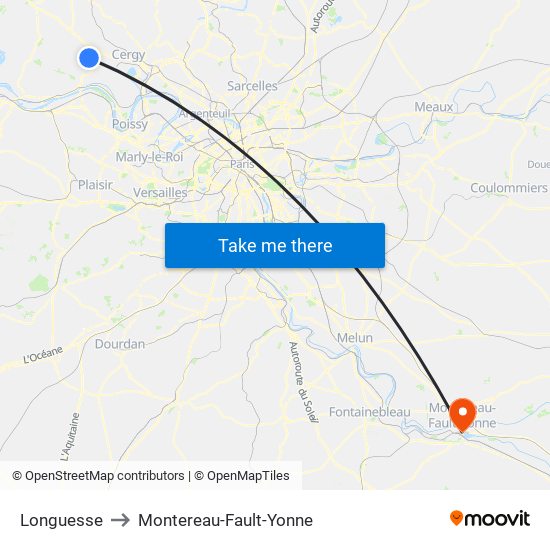 Longuesse to Montereau-Fault-Yonne map