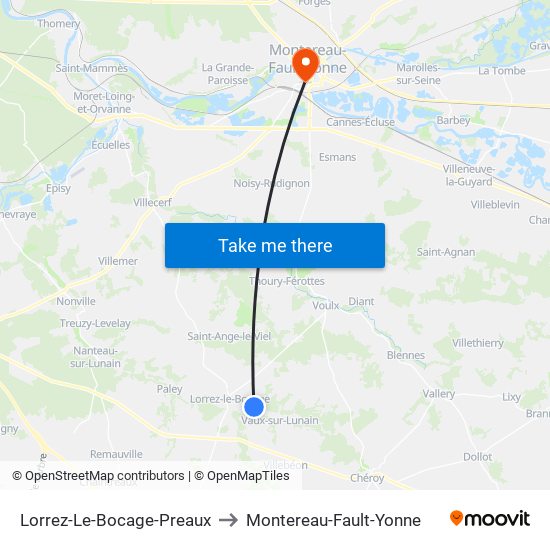 Lorrez-Le-Bocage-Preaux to Montereau-Fault-Yonne map