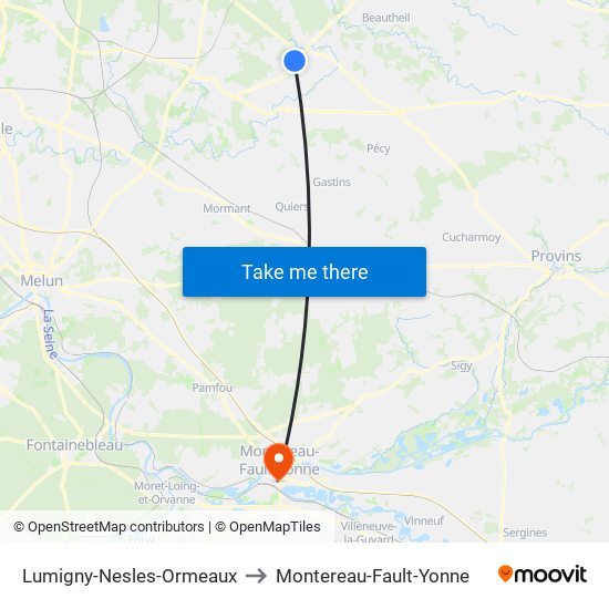 Lumigny-Nesles-Ormeaux to Montereau-Fault-Yonne map