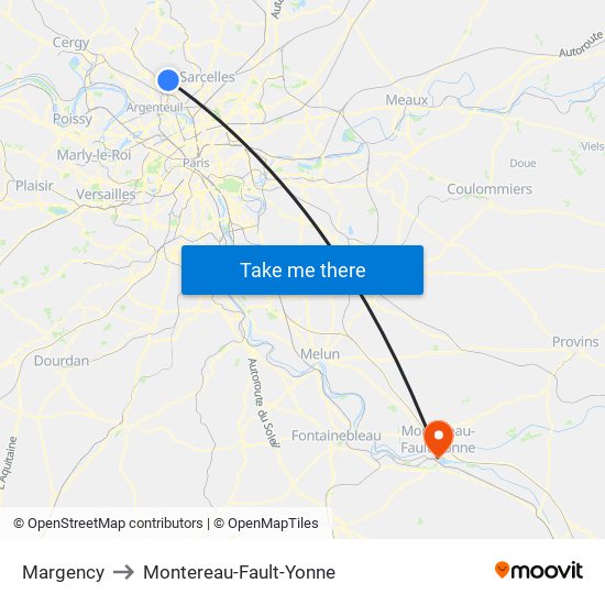 Margency to Montereau-Fault-Yonne map